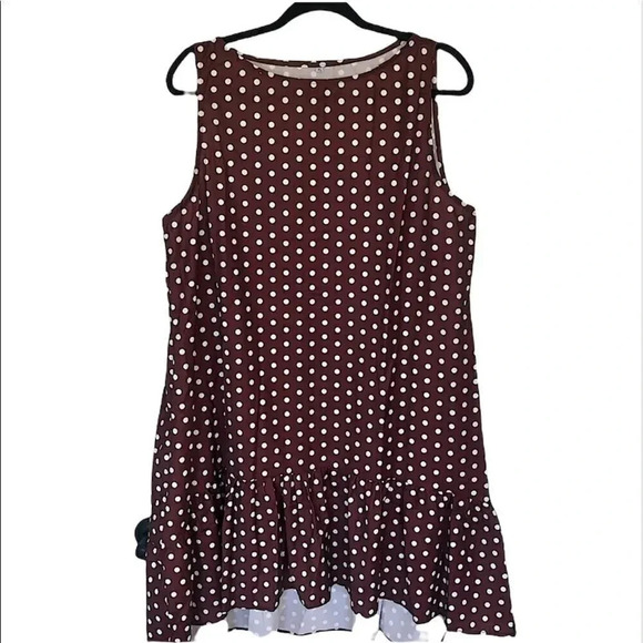 𝅺Brown and white Poa dot shift dress with ruffle bottom size Large - Picture 2 of 10